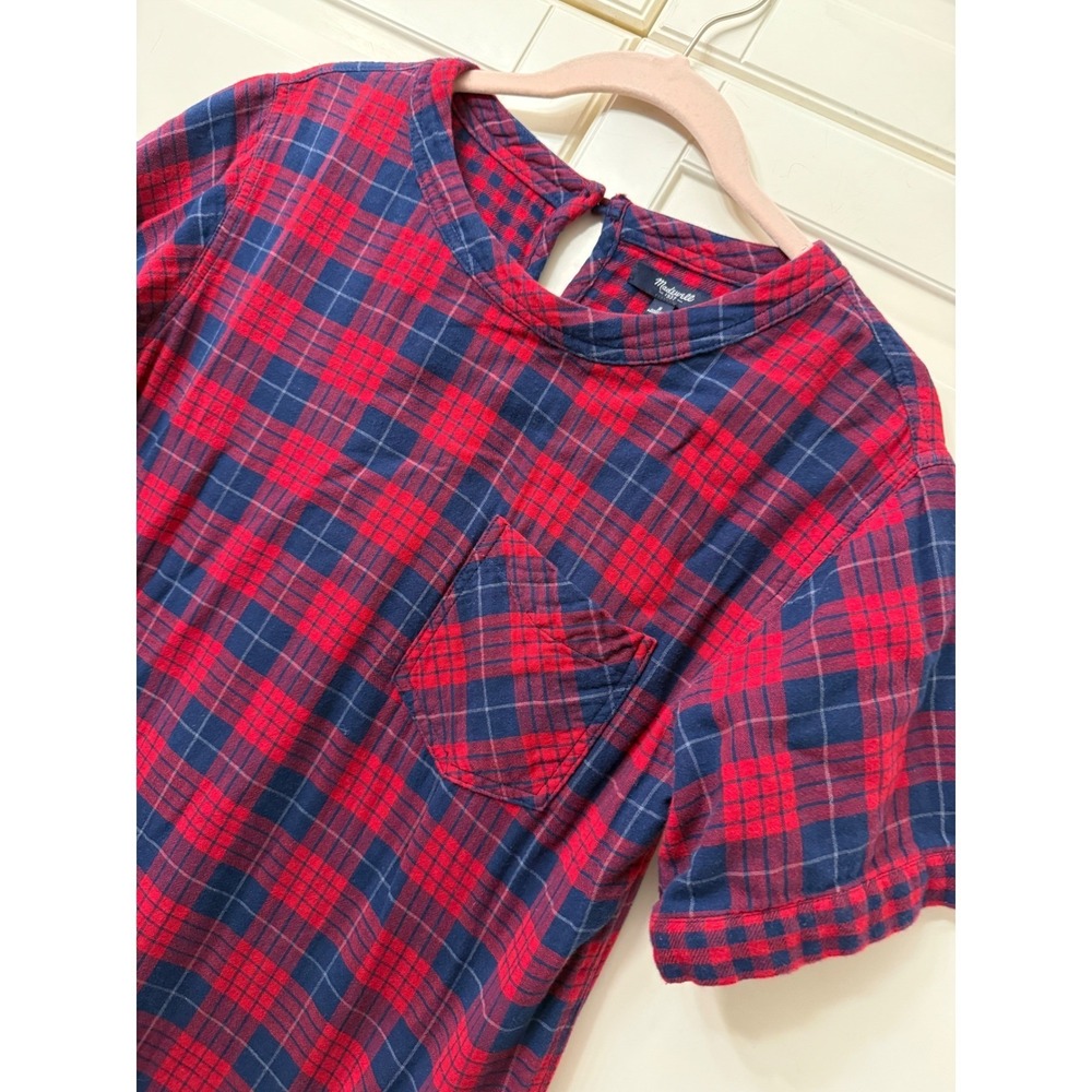 Madewell Red Navy Blue Plaid Flannel Shift Dress Short Sleeve Pockets Small